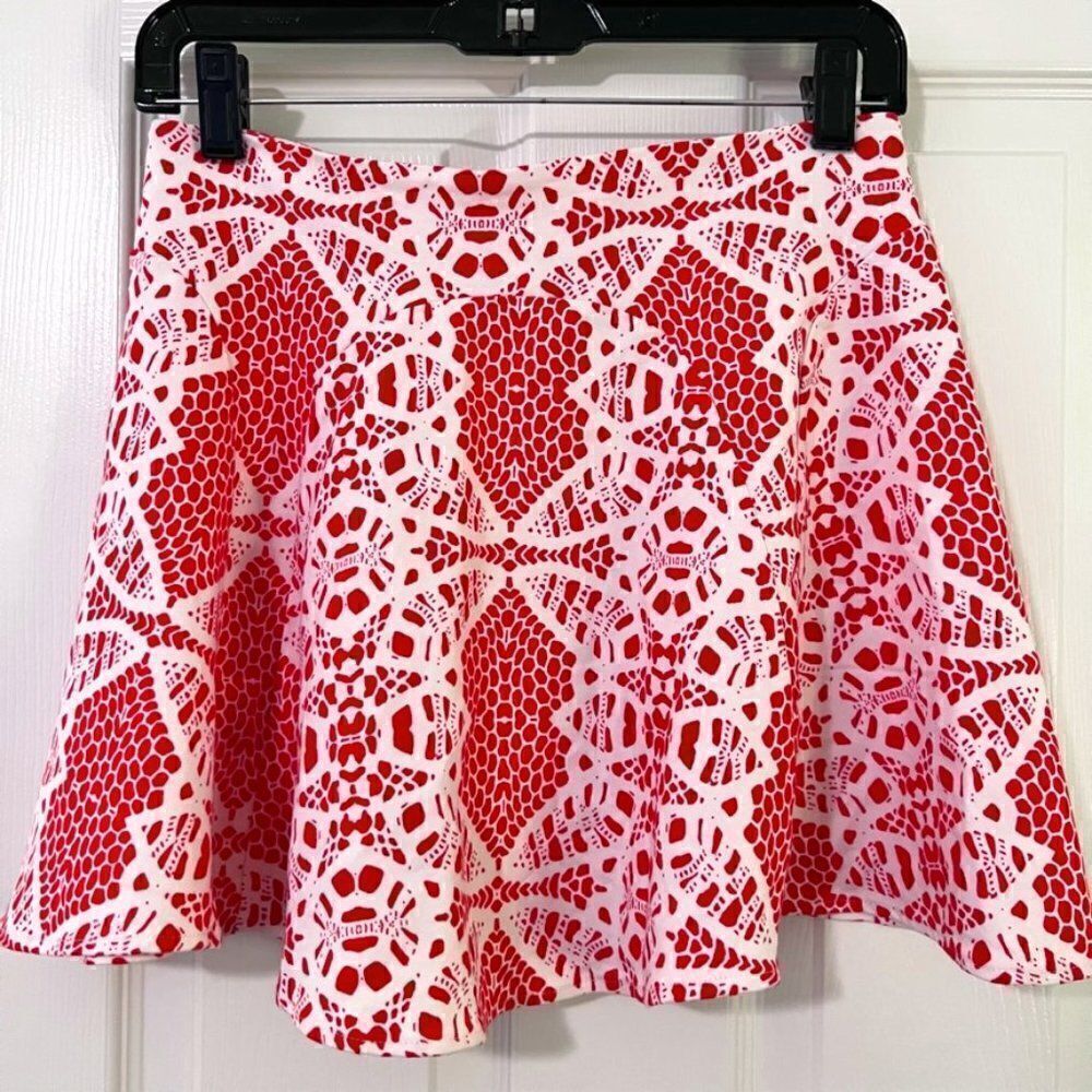 Parker Red And White Lace Design Full Back Zip Skater Skirt Size L
